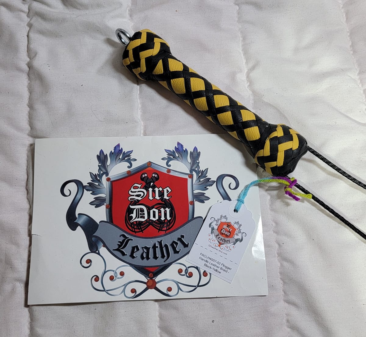 Flogger Handle Leather Braid - Black-Yellow---Mature Content — photograph 1