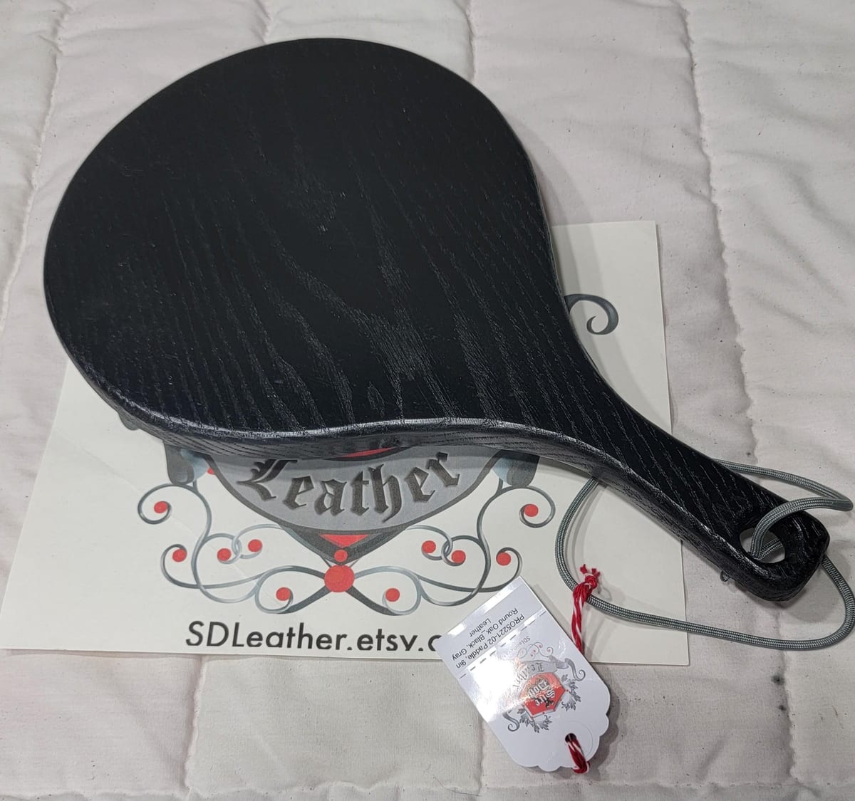 View 2 of 3: Paddle, 9in Round Oak_Black, Gray Leather — photograph 2